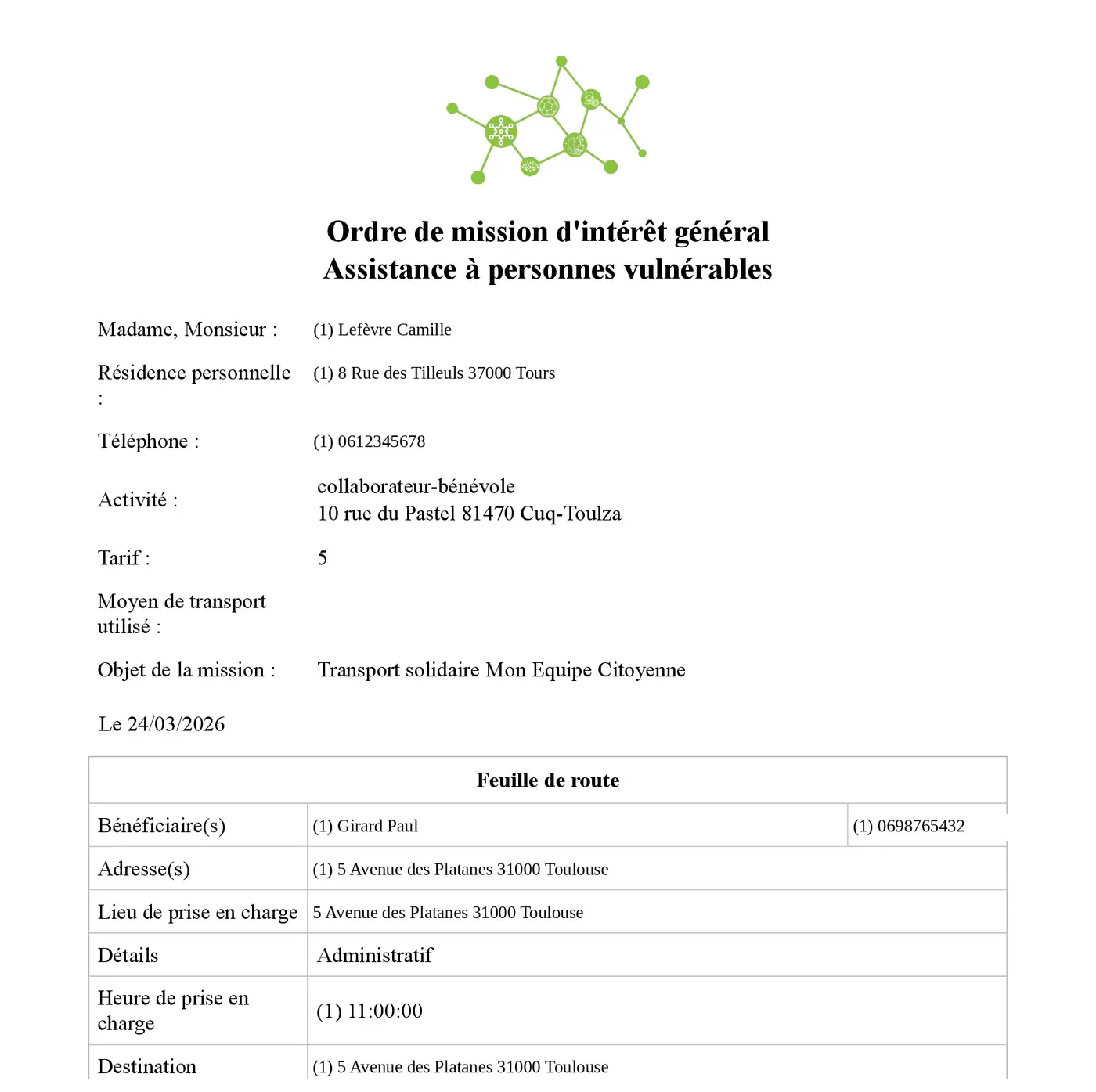 Ordre de mission généré automatiquement