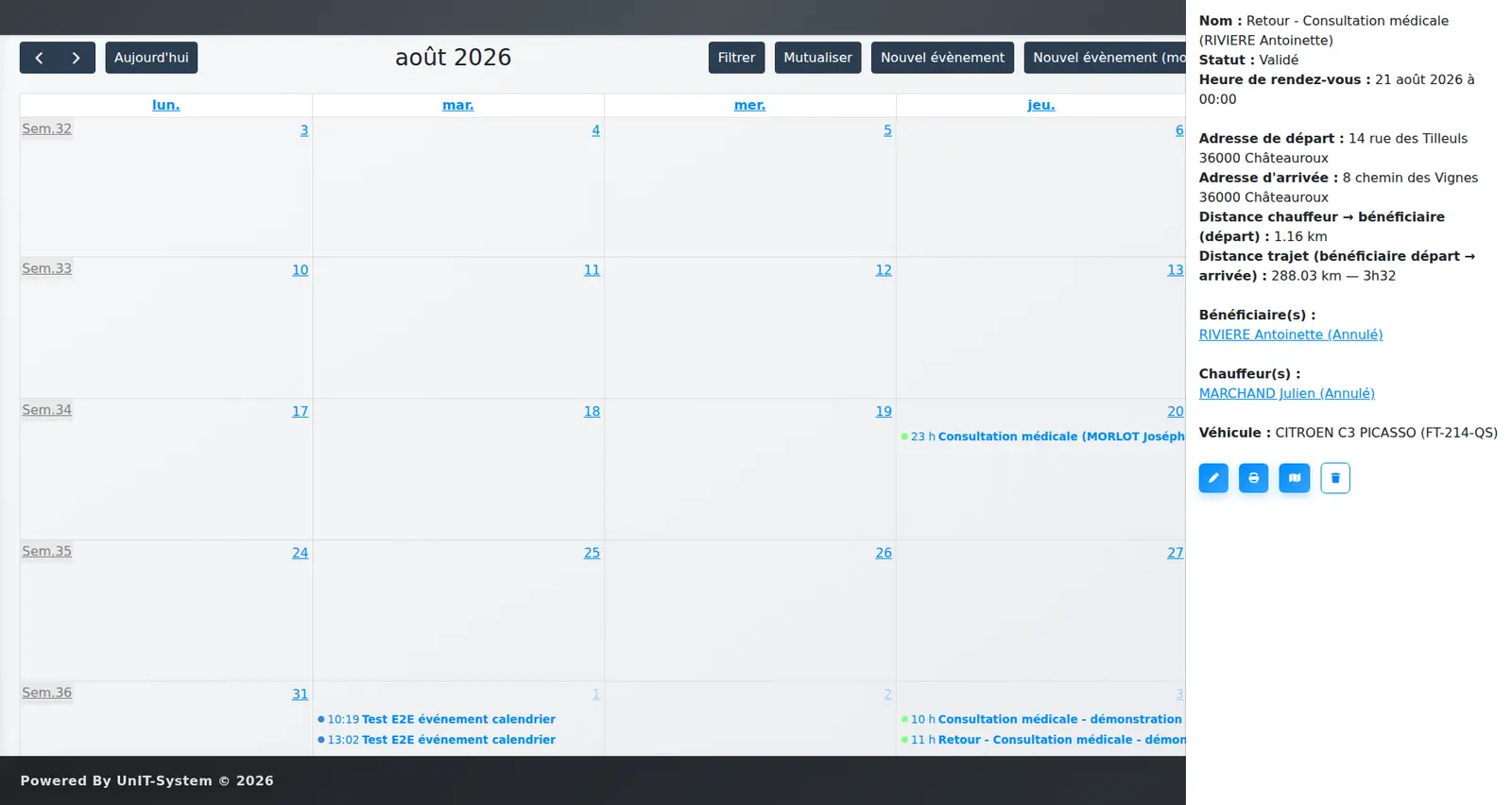 Planning — calendrier partagé et détail d'un trajet